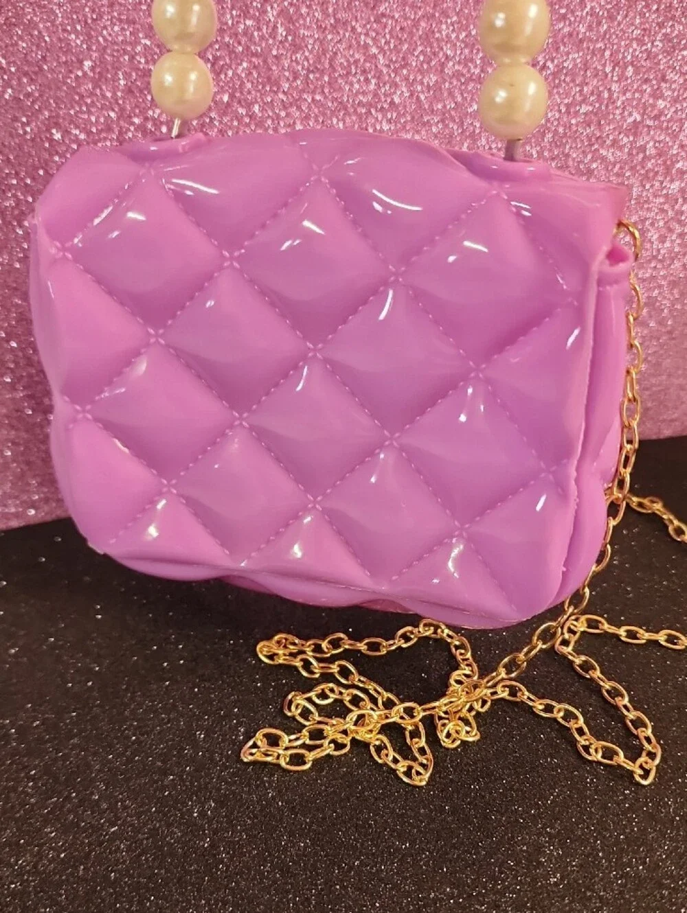 Kids Purple Unicorn Pearl-Handle Mini Bag with Gold Chain